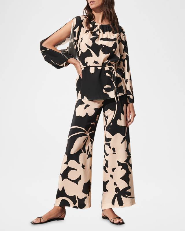 Kasey Floral Belted Slit-Sleeve Silk Tunic